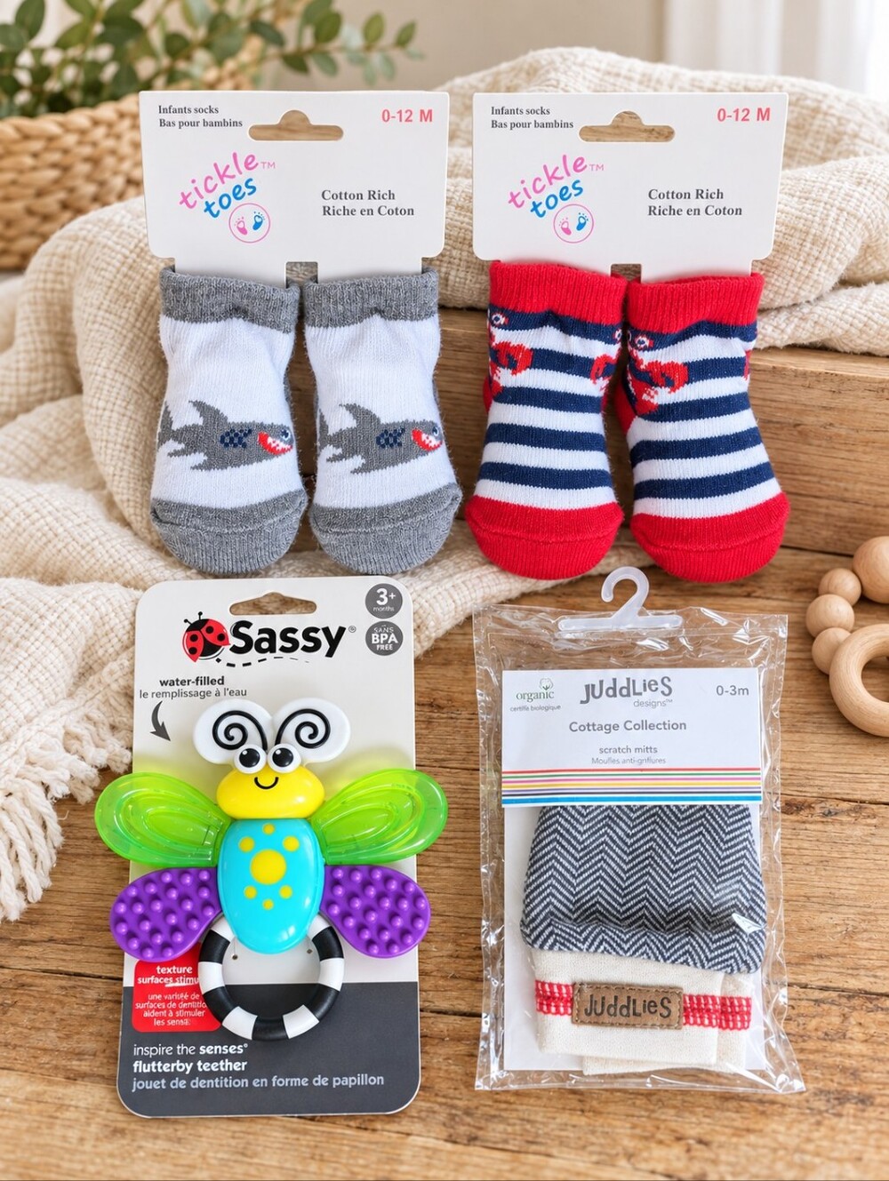 NWT Baby Gift Bundle Sassy Teether Juddlies Mitts Tickle Toes Socks 0-12M